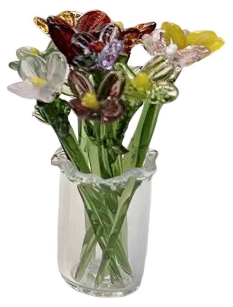 1 Set Glasblumenstrauß mit Vase, mundgeblasene Mini-Blumendekoration für Wohnzimmer, handgefertigtes künstliches Blumenornament mit Stiel