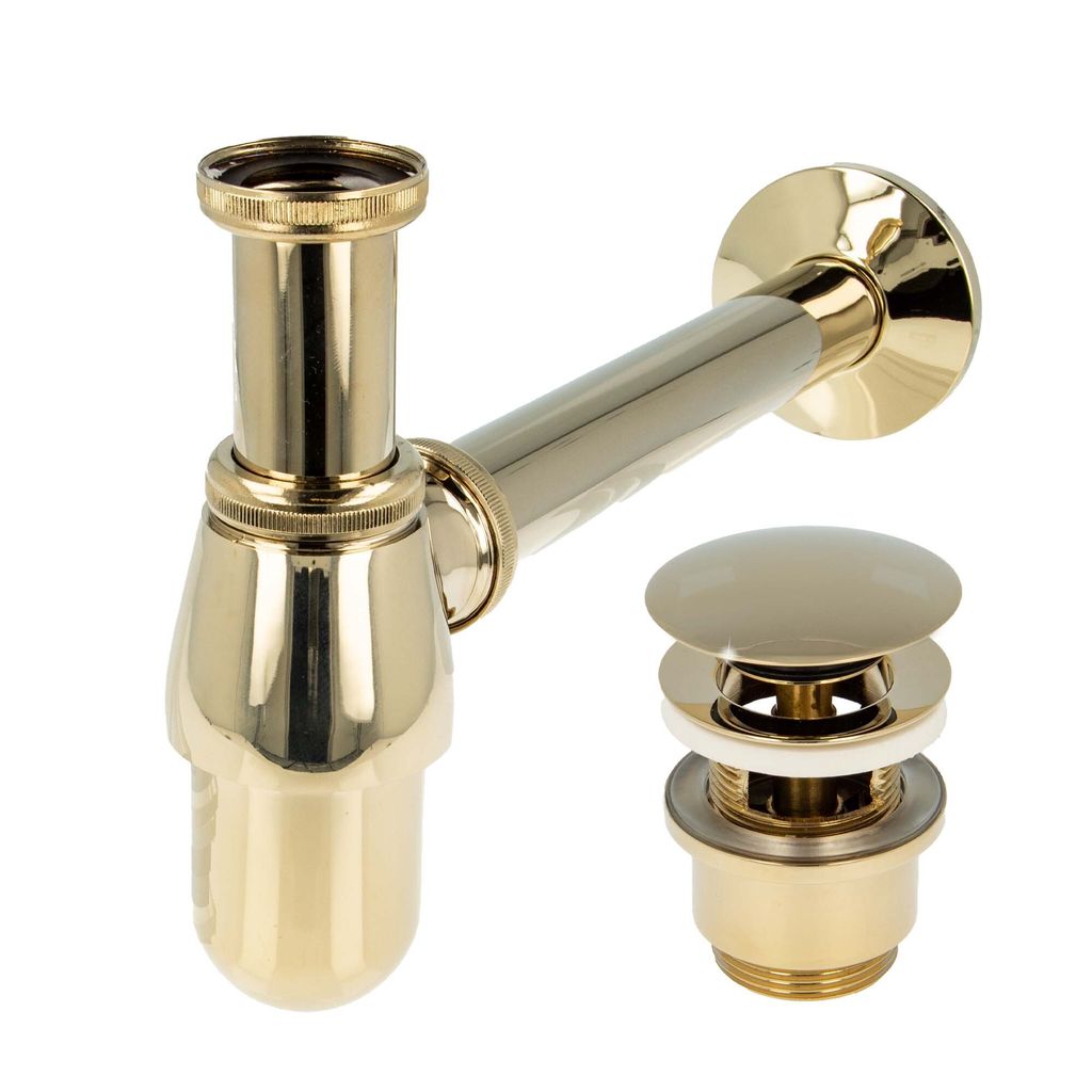 tecuro Siphon mit Pop Up Ablaufventil vergoldet - Universal Set für Waschtisch / Waschbecken