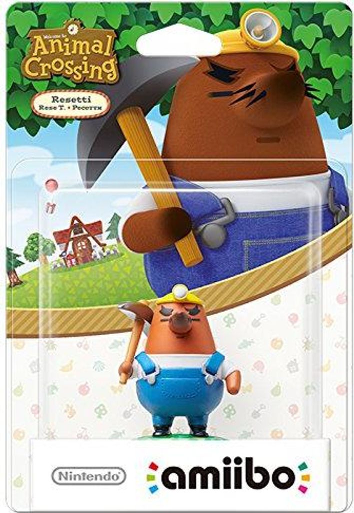 A packaged Nintendo Amiibo figure of Resetti from Animal Crossing, with a background depicting a scene from the game.