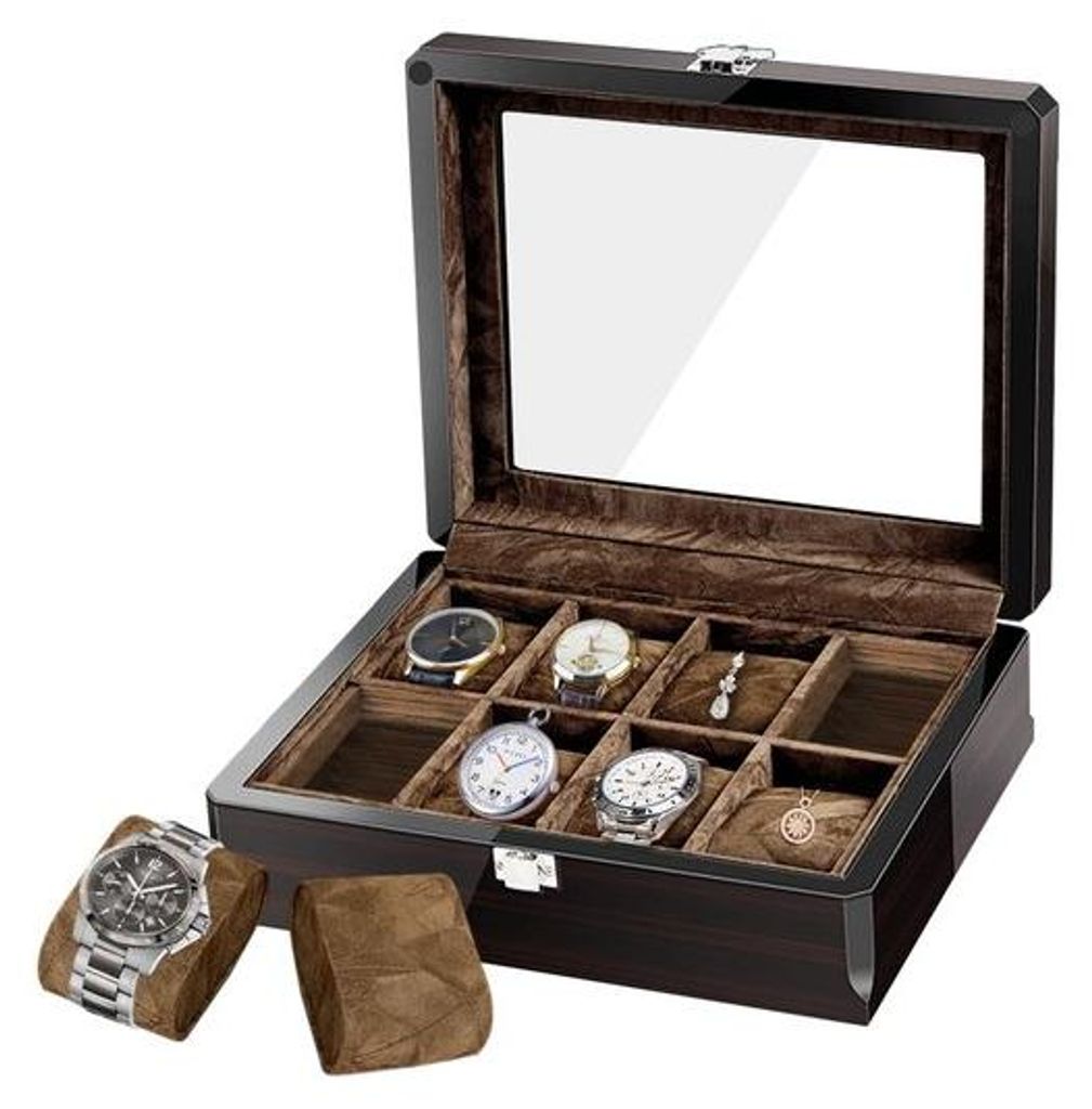 Uhrenbox mit 8 Fächern – Klassisch – Aus Holz – Glasdeckel