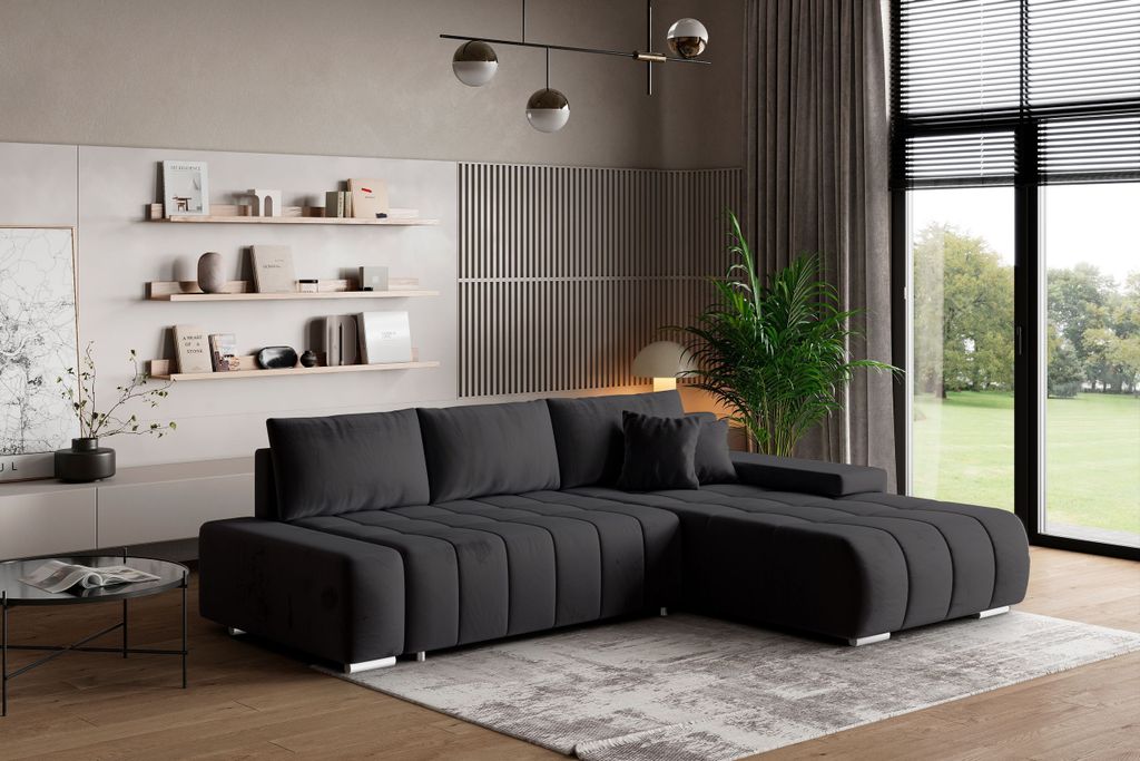 Masseno Ecksofa ALESE R-S mit Schlaffunktion L-Form, Sofa mit Bettkasten, Wohnzimmersofa, Couch, Soffa, Bettsofa, Couchgarnitur- Schwarz, MONOLITH 95