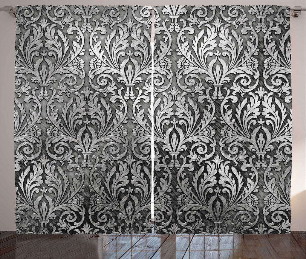 ABAKUHAUS Damask Rustikaler Gardine, Klassische Blumenverzierung, Schlafzimmer Kräuselband Vorhang mit Schlaufen und Haken, 280 x 175 cm, Grau sch...