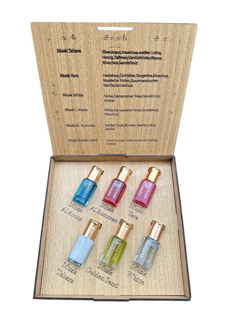 Set alaffan 6X 6ML Parfümöl Musk Tahara / Gold Sand / Musk Al Rumman / Musk Al Aroos/ Musk Yara / Musk White Geschenkbox
