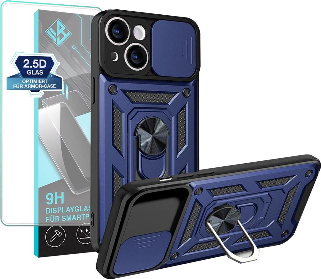 Armor Handyhülle für Apple iPhone 13 mit 9H Displayglas Displayschutz Kameraschutz Handy Panzer Case Cover Schutzhülle Outdoor Farbe: Blau