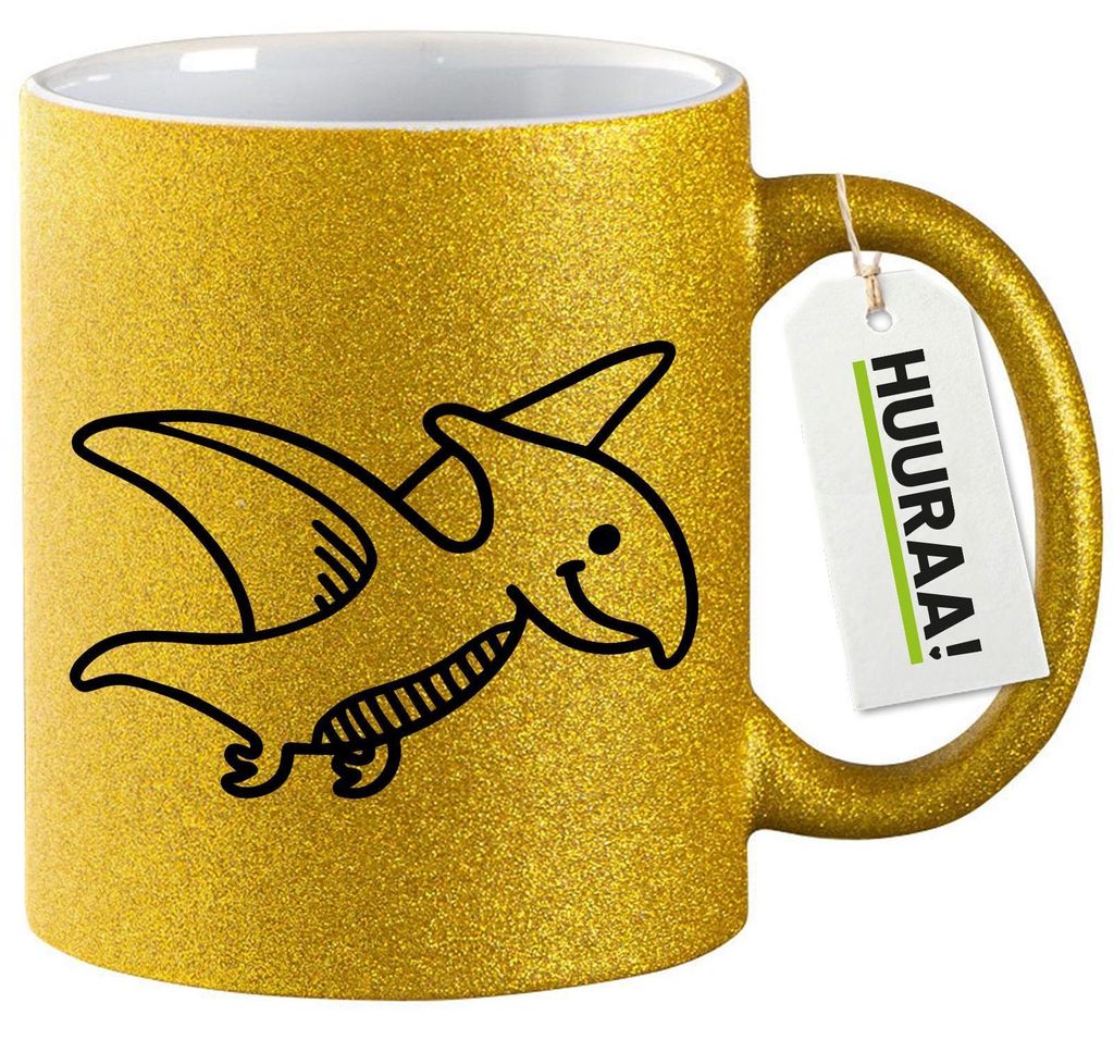 Huuraa Glitzertasse Pteranodon Dinosaurier 330ml Gold Keramik Kaffeebecher Geschenkidee
