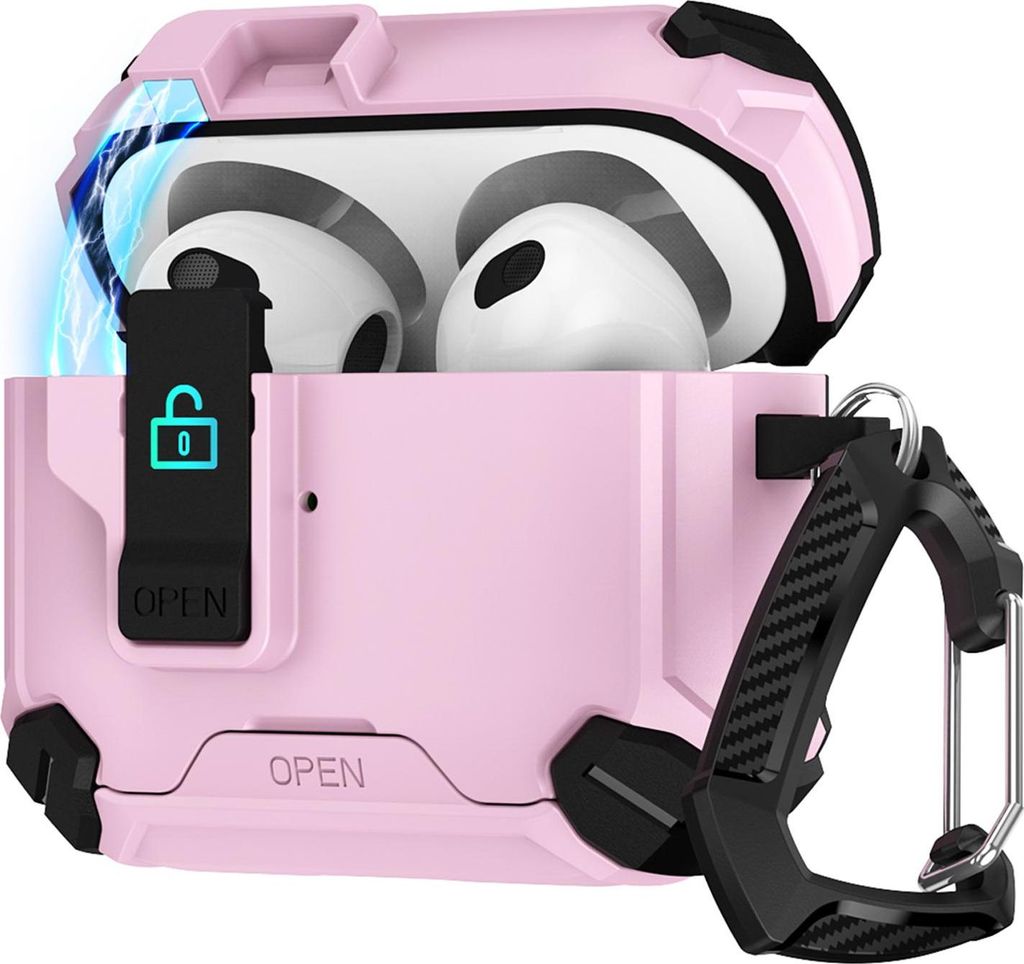 Hülle für Apple AirPods 1 / 2 Defender Schutzhülle mit Karabiner 360° Schutzbox Kopfhörer stoßfestes Full Body Cover Pink