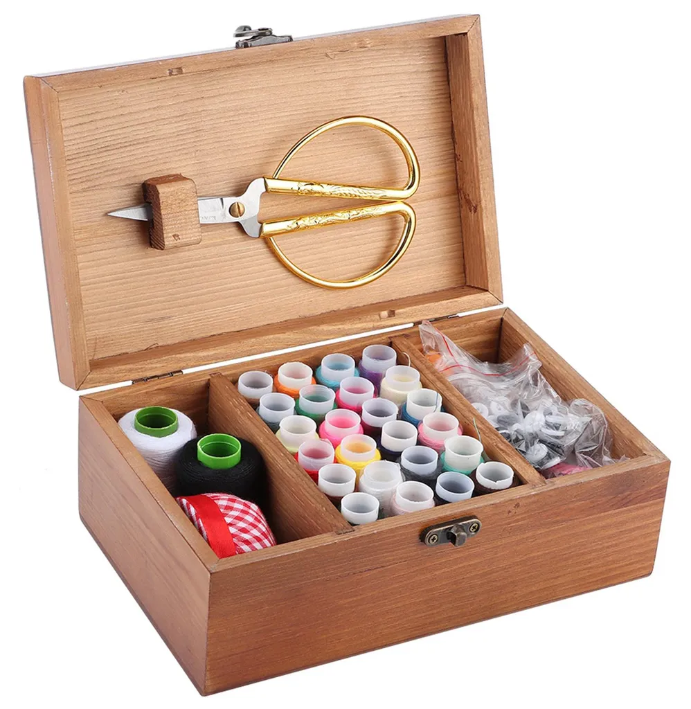 Organisateur de couture en bois rétro coffret de rangement fils aiguilles