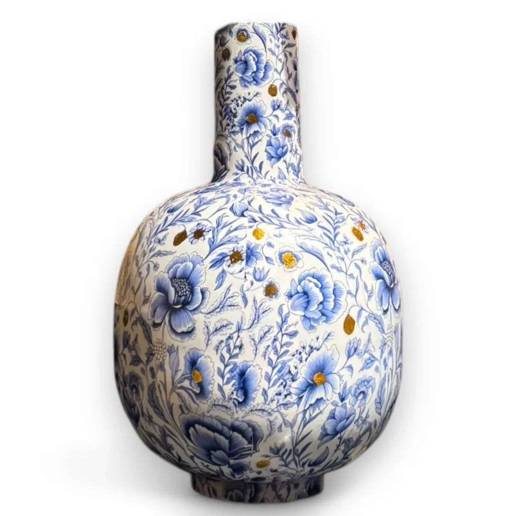 Vase en Métal Design Bleu et Blanc 40cm - Format Généreux Style Hollandais
