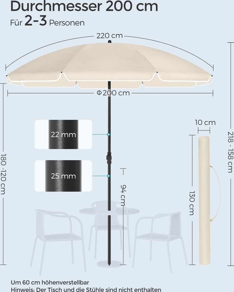 SONGMICS Sonnenschirm Ø 200 cm UPF 50+ mit Tragetasche Produktbild 7