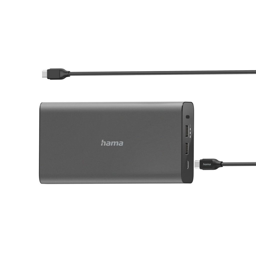 A gray power bank with two USB ports and a USB-C port, connected to a USB-C cable. A second USB-C cable is shown above the power bank.