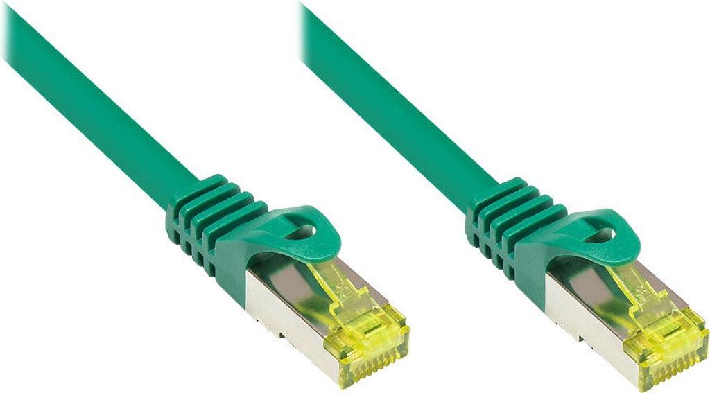 RJ45 Patchkabel mit Cat. 7 Rohkabel und Rastnasenschutz (RNS ), S/FTP, PiMF, 500MHz, grün, 0,25m, Good Connections