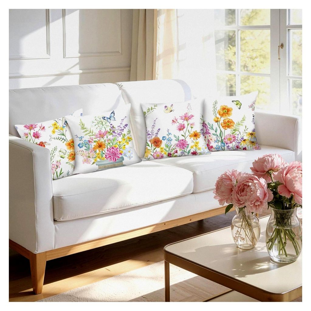 Kissenbezüge mit Blumenmotiv 45 x 45 cm, Mohnblume und Schmetterling, Polyester, 4er Set für Sofa und Wohnzimmer