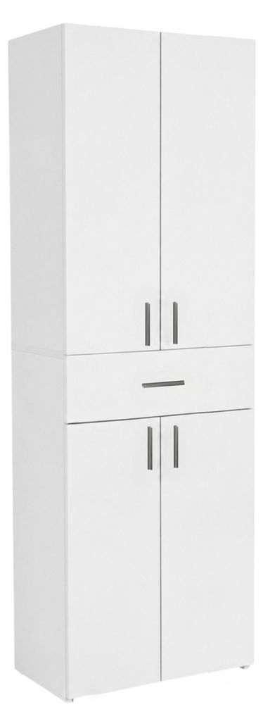Badschrank Hochschrank Weiß stehend mit Schublade und Produktbild 