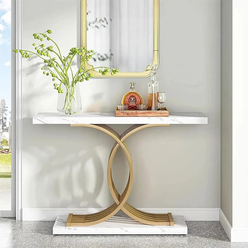 Console étroite pour couloir 97cm, table d'appoint salon déco dorée