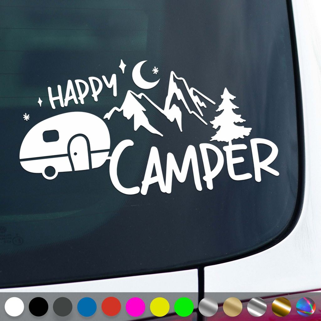 PantherPixel Camper Aufkleber Happy Glücklich Bus Wohnmobil Camping Sticker Auto Geschenkidee Farbe Weiss