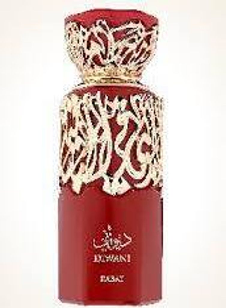 A red perfume bottle with gold ornate detailing.