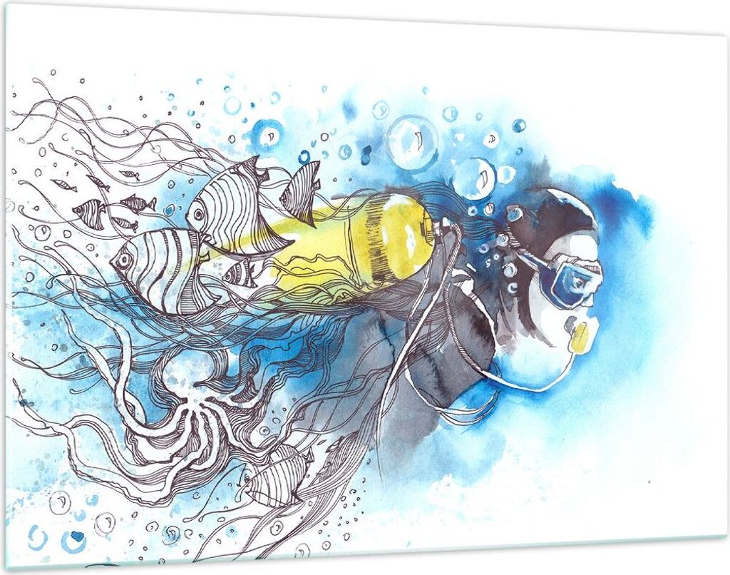 Bilder auf glas - Taucher Fische Illustration Hobby - 120x80cm - Glasbilder - Wandbilder - Kunstdruck - Wanddekoration aus Glas - Glas Bilder - Wan...