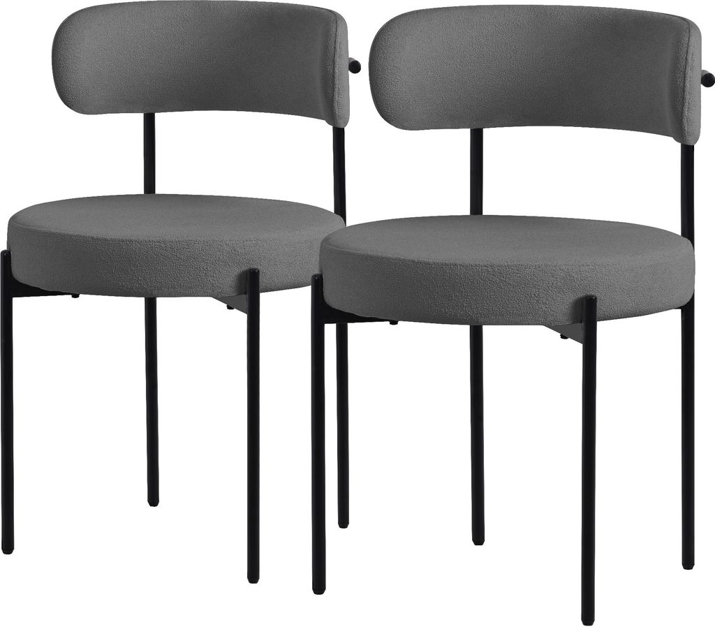 Two gray upholstered chairs with black metal legs are shown against a white background.