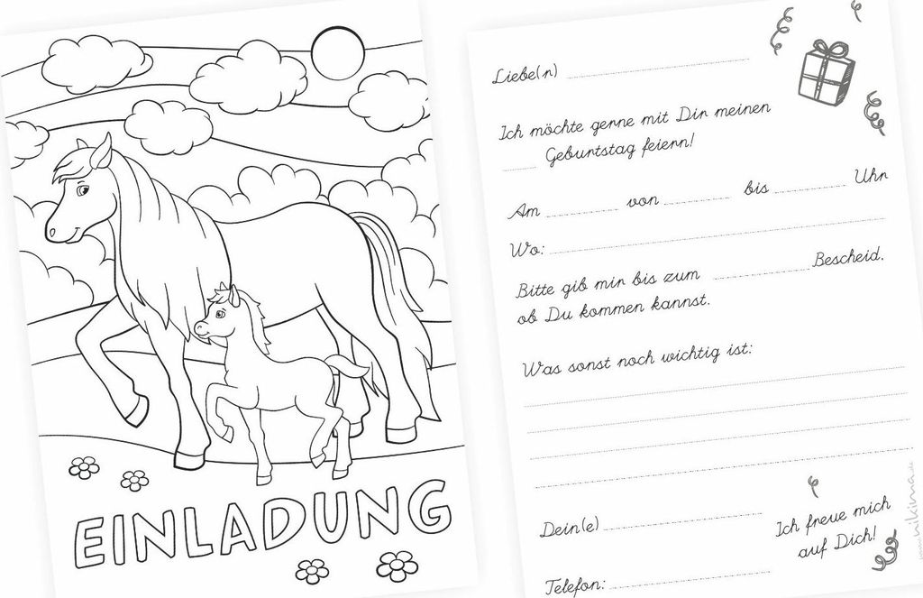 10 Einladungskarten zum ausmalen Pferde Pony inkl. 10 transparenten Briefumschlägen