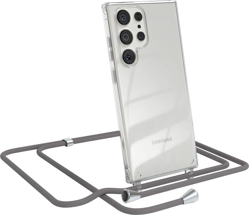 EAZY CASE Handykette kompatibel mit Samsung Galaxy S23 Ultra, Handyhülle mit Umhängeband, Handykordel, Schutzhülle Clear, Band in Grau