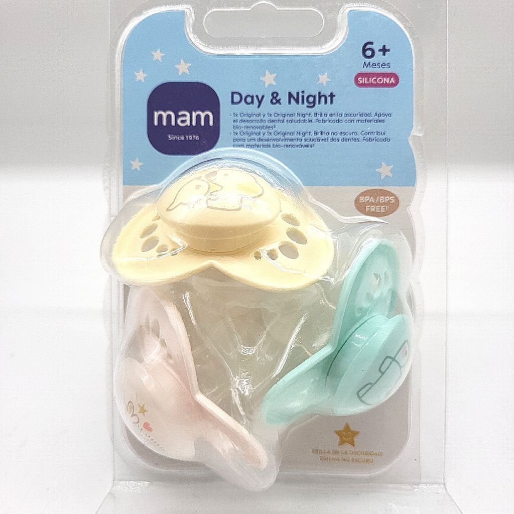 MAM MAM Schnuller-Set, 3 Stück, Tag und Nacht, ab 6 Monaten, mit symmetrischem Sauger, flach und flexibel, aus Silikon, leicht zu akzeptieren, Ori...