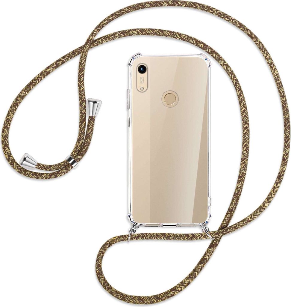 Handykette Backcover-Schutzhülle mit Band (Metall silberfarben) für Honor 8A / Huawei Y6s 2019 - braun+beige