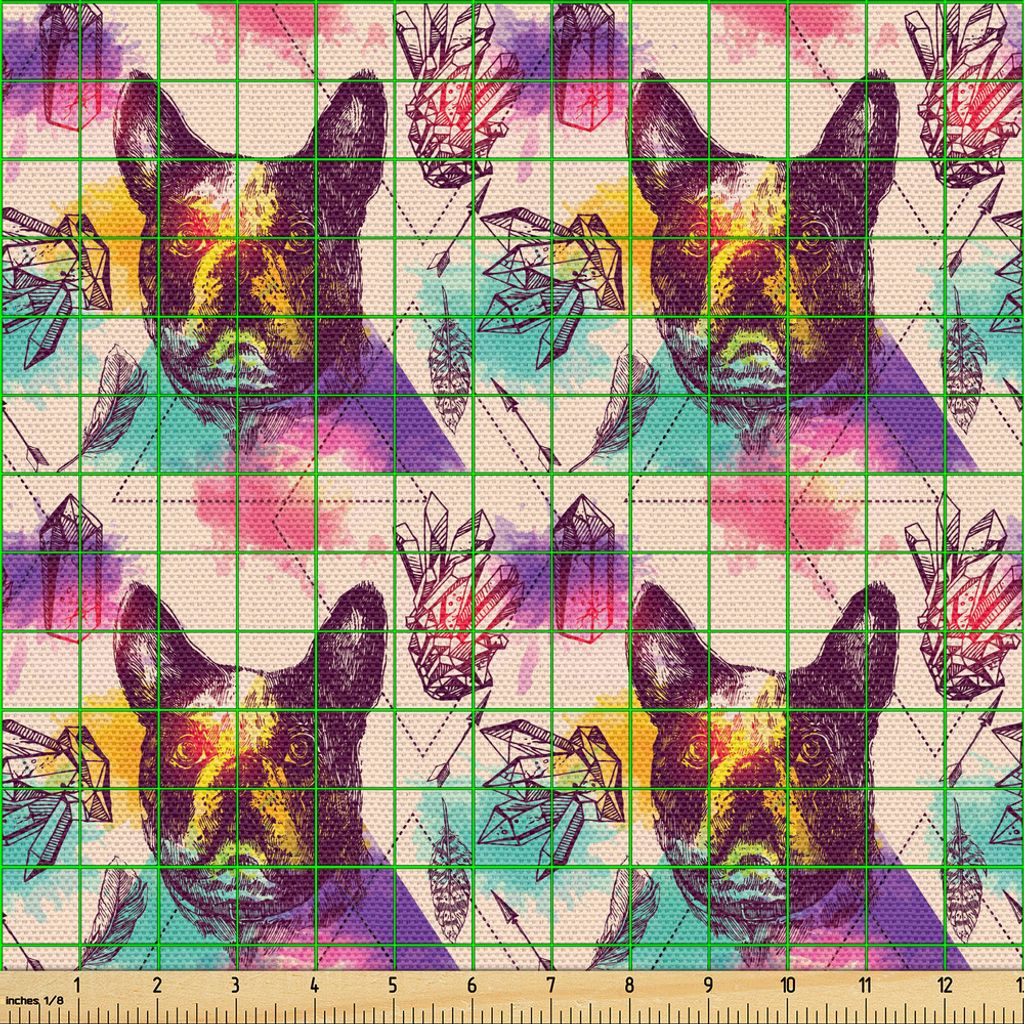 ABAKUHAUS Hundeliebhaber Gewebe als Meterware, Bunte Kristalle Muster Dreiecke Sixties inspiriert Psychedelic Boston Terrier, 1 M (148 x 100 cm), M...
