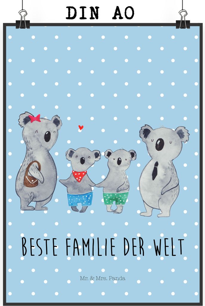 Mr. & Mrs. Panda Bild Koala Familie zwei DIN A0 - Blau Pastell - Geschenk, Wandbild, Koalabär, Plakat, Deko, Muttertag, Kunstdruck, Zusammen, drucke