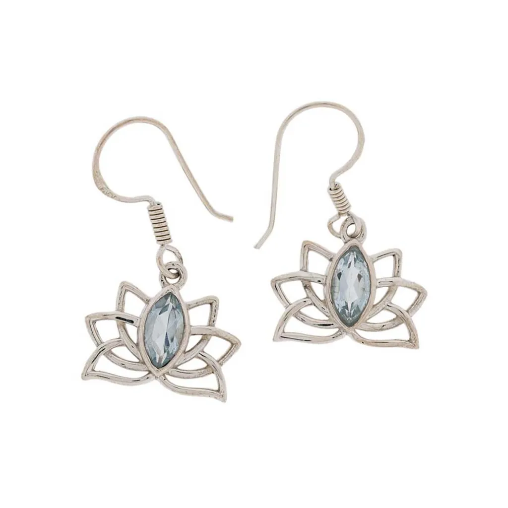 Boucles Lotus en argent rhodié et topaze bleue facettée 6mm
