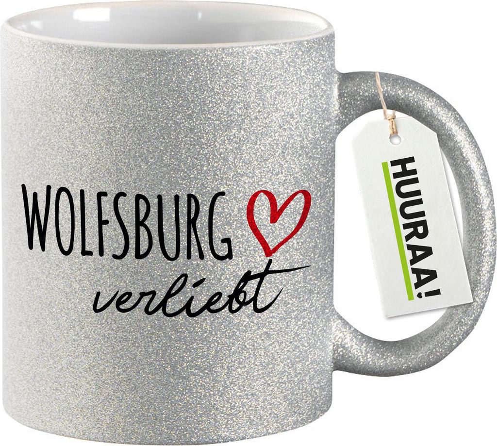 Huuraa Glitzertasse Wolfsburg verliebt 330ml Silber Keramik Kaffeebecher Geschenkidee