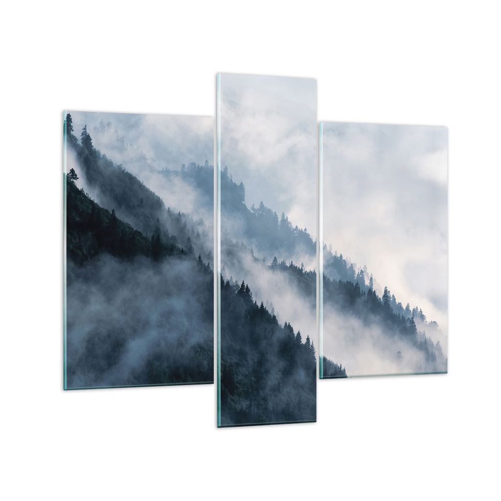 Bilder auf glas - 3 Teile - Berge Nebel Bäume - 95x80cm - Glasbilder - Wandbilder - Bilder - zum Aufhängen bereit - Wanddekoration aus Glas - Gla...