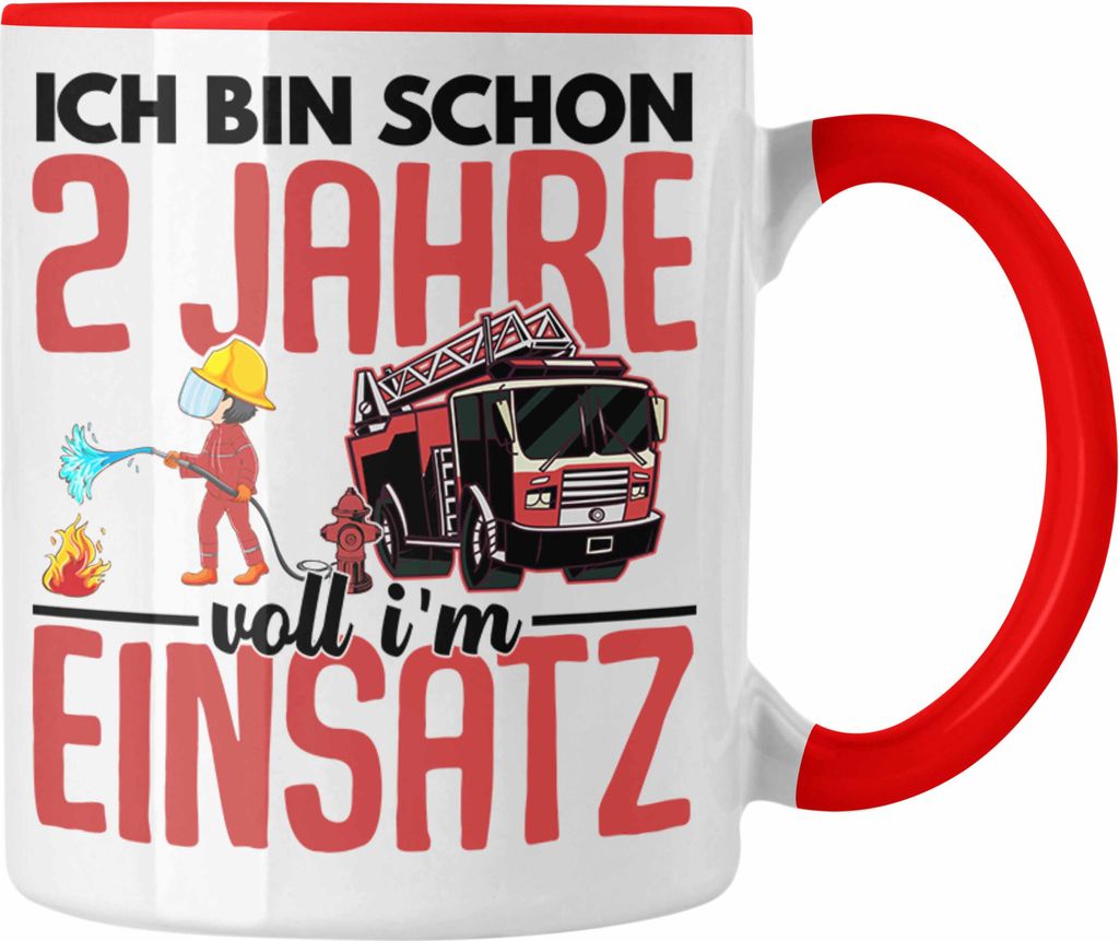 Trendation - 2. Geburtstag Geschenk Jungs Feuerwehr Tasse Geschenke Zubehör Lustig Kinder Geburtstag Spruch Ich Bin 2 (Rot)
