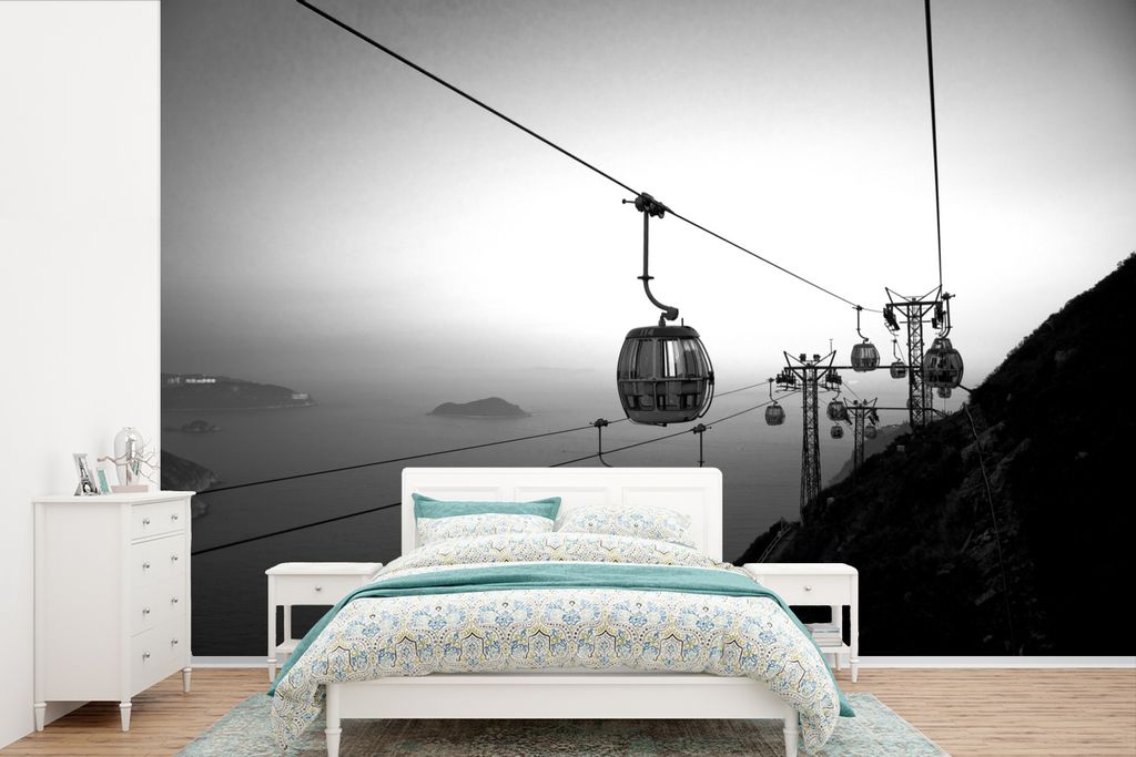 MuchoWow Fototapete für Wohnzimmer oder Schlafzimmer Wandtapete Vinyl Motivtapete Seilbahnfahrt in den Sonnenuntergang - schwarz und weiß - 420...