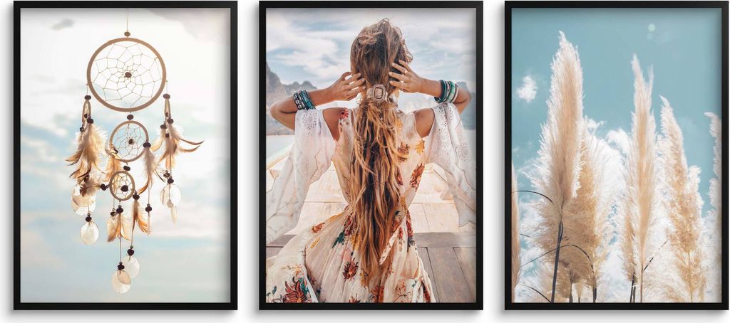 Moderne Boho Poster für die Wohnzimmerwand, Frau und Traumfänger 3x30x40