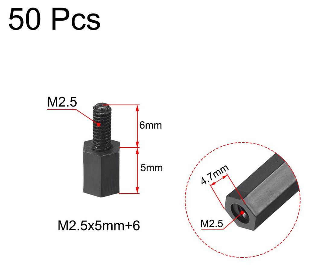 50 Stš¹ck Sechskant Distanzhš¹lse Abstandsbolzen Nylon PCB Spacer M2,5x5mm+6mm fš¹r FPV Drone Quadcopter Computer Leiterplatten Schwarz