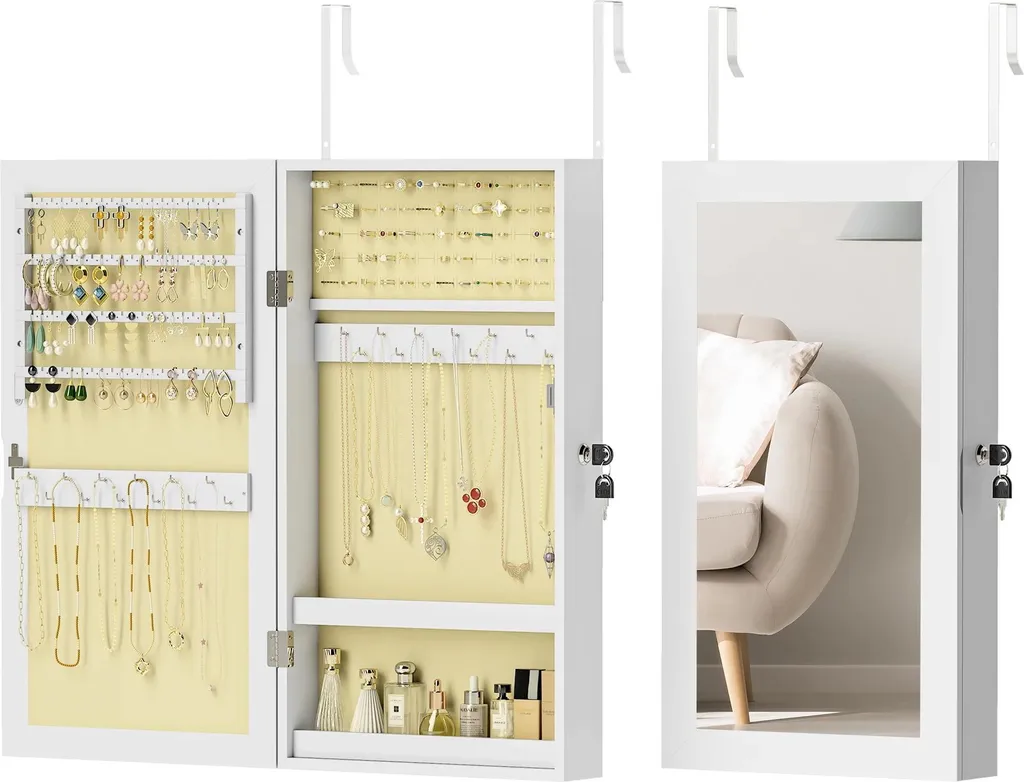 Rangement bijoux mural blanc pour chambre et dressing avec miroir de face