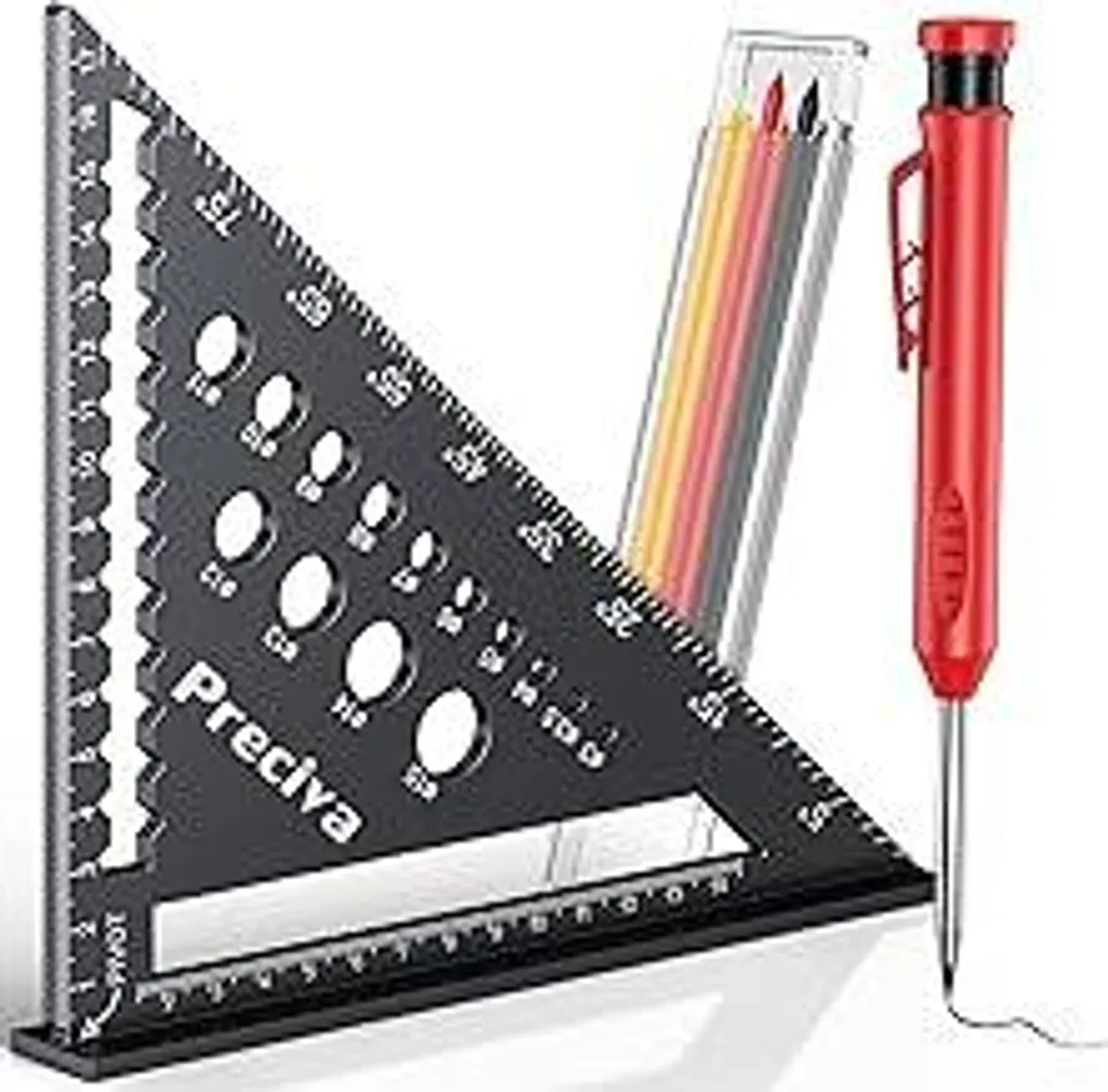 Set di squadre da carpentiere Preciva, squadra multifunzionale in metallo e alluminio, righello, guida angolare 18 cm, squadra da falegname, squadra da carpentiere, goniometro + marcatore per fori profondi, tracciatura e disegno