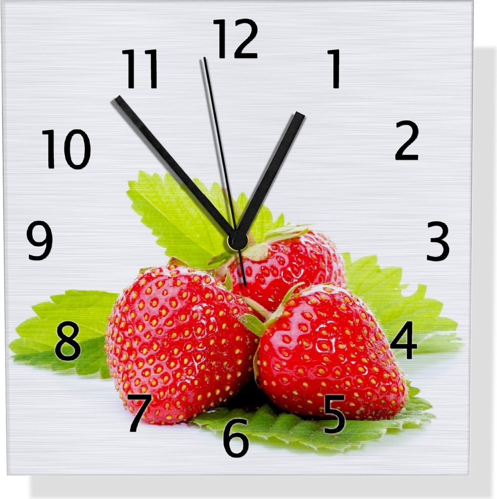 Wallario Design Wanduhr Frische rote Erdbeeren für die Küche aus Aluverbund, Größe 30 x 30 cm