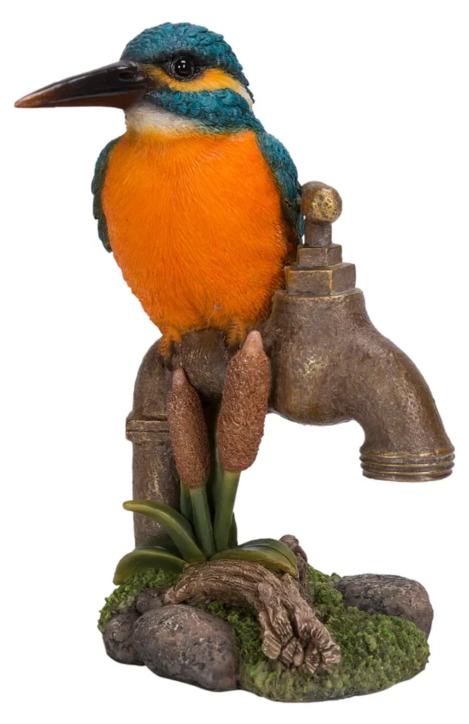 Martin-pêcheur de jardin en résine anti-UV et robinet effet fonte