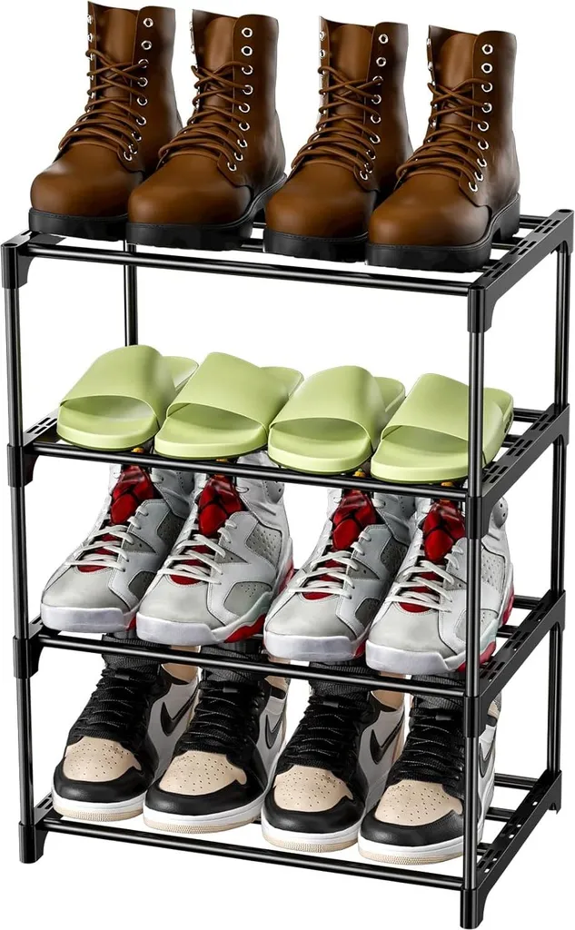 Meuble chaussures fin pour couloir étroit 4 niveaux en métal noir