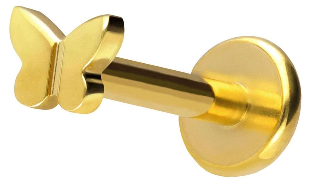 Ohrpiercing, Nasenpiercing Titan Labret mit Push Fit SCHMETTERLING Gold Stablänge: 10mm | Stabstärke: 1,2mm | Discgröße: 3,5mm