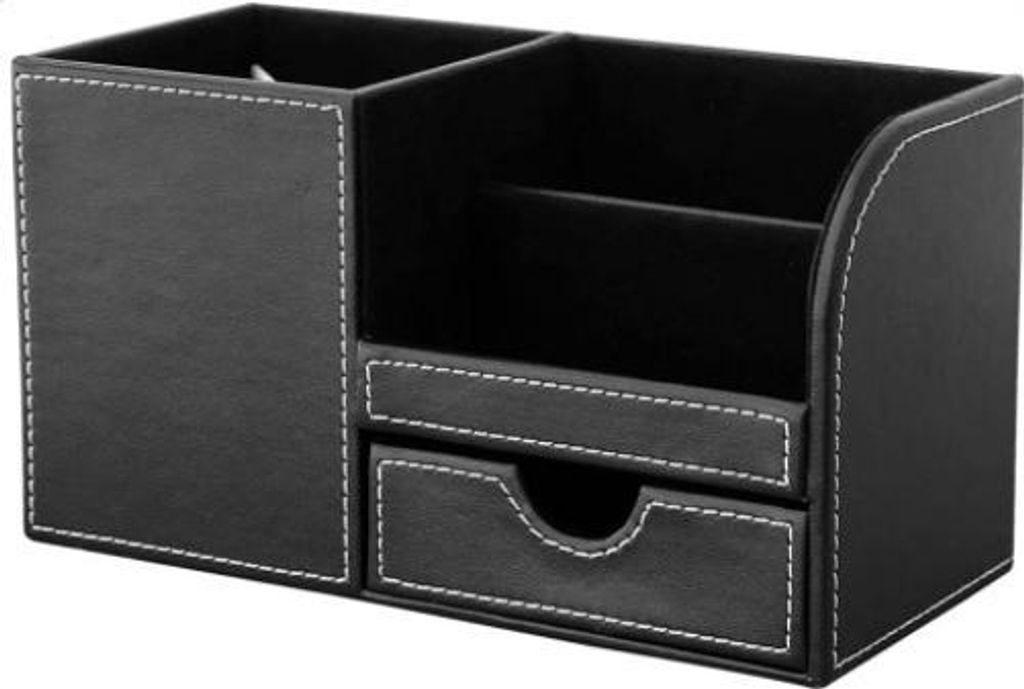 Multifunktionale Schreibtisch-Organizer-Box aus Holz und Leder mit Aufbewahrungsmöglichkeit für Stifte, Handy, Visitenkarten und Fernbedienung, i...