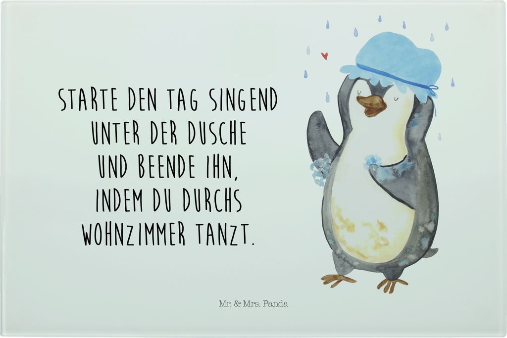 Mr. & Mrs. Panda Glas Schneidbrett Pinguin Duschen - Weiß - Geschenk, Schneidplatte, Tanzen, Hackbrett, Neustart, Schneidebrett Aus, Duschkonzert,...