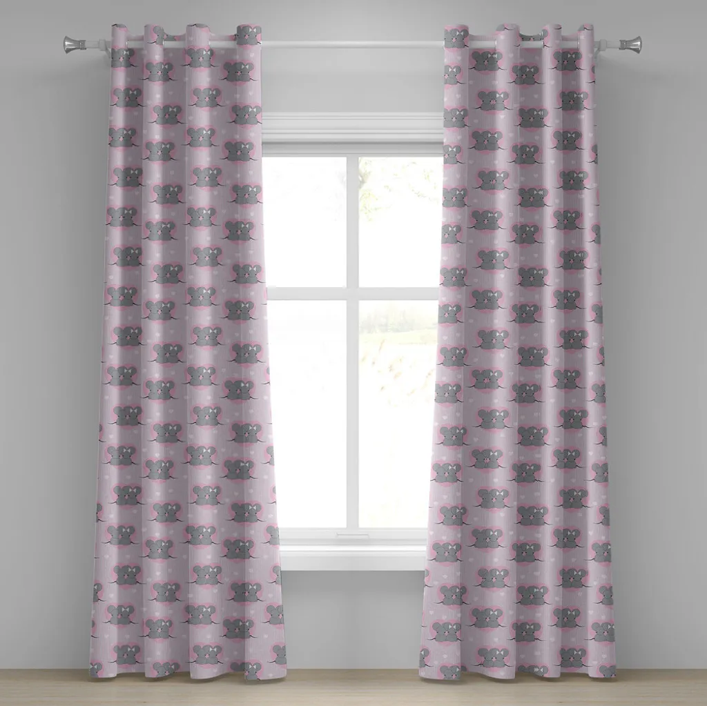 Rideau motif souris et cœurs en tissu haute qualité gris et rose