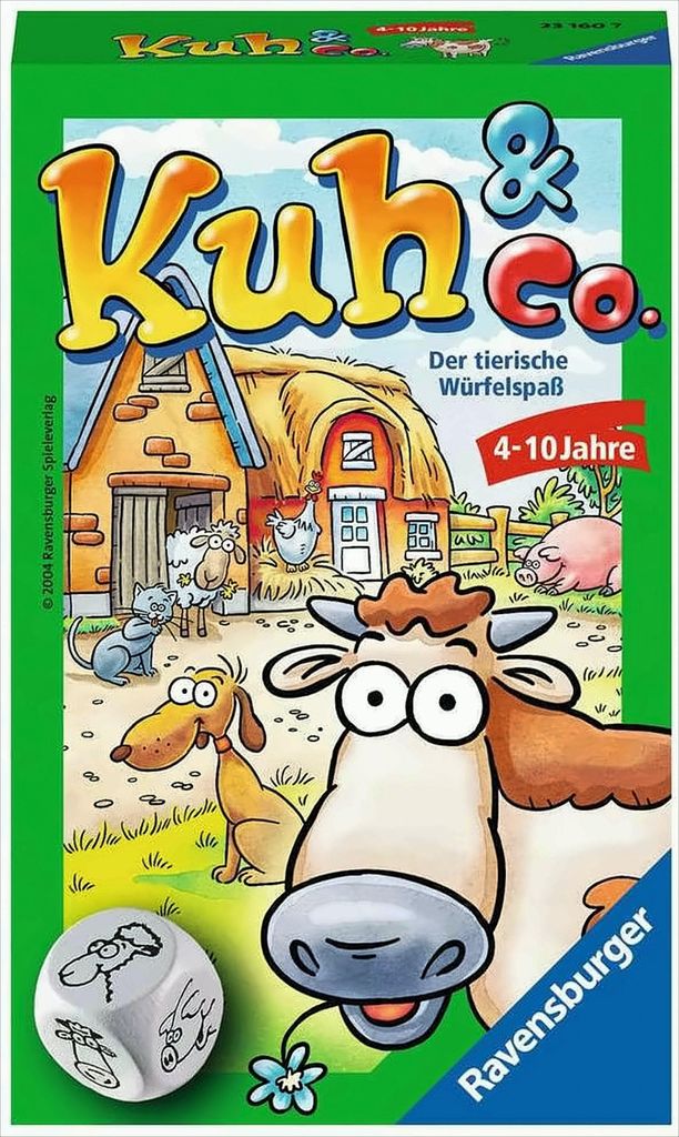 The image shows the packaging of a board game called "Kuh & Co." with cartoon farm animals and a barn. A die is also visible.