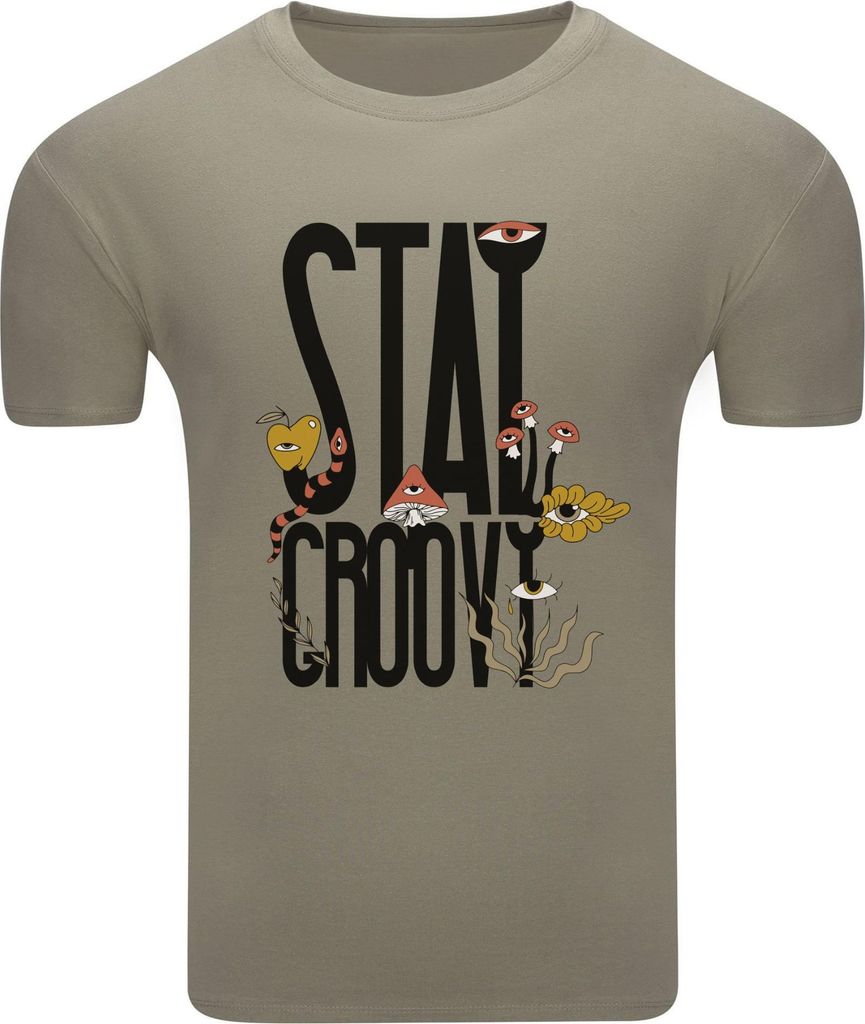 Diarbo Herren T-Shirt mit Abstraktem Druck Bleib Groovy Khaki Gr.L