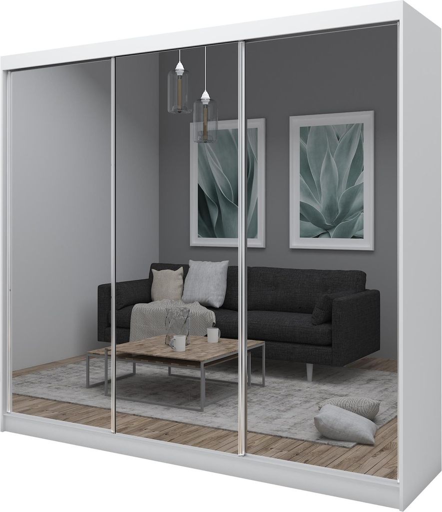 A modern living room scene reflected in the mirrored doors of a white wardrobe.