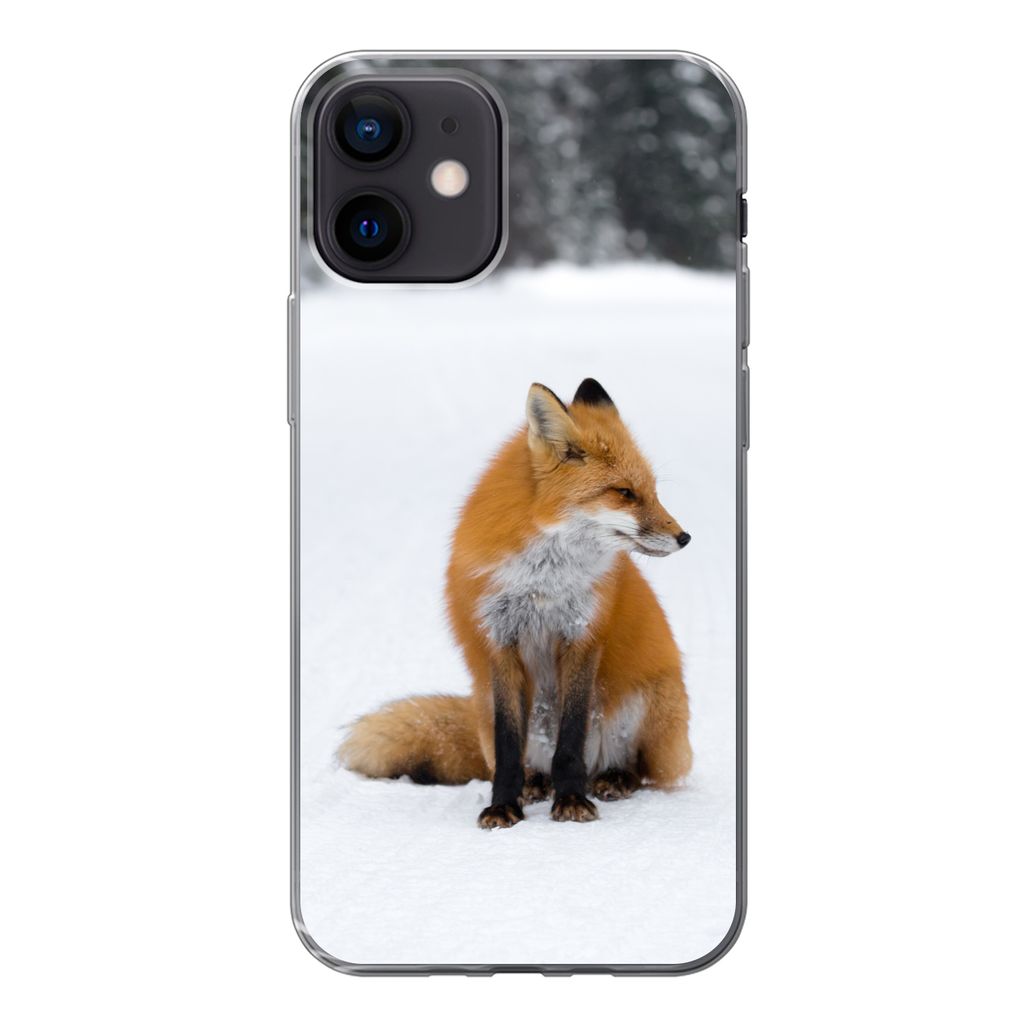 MuchoWow Handyhülle Schutzhülle Hülle für iPhone 12 Fuchs - Schnee - Winter Silikon Softcase Handy Hülle - Schutzhülle