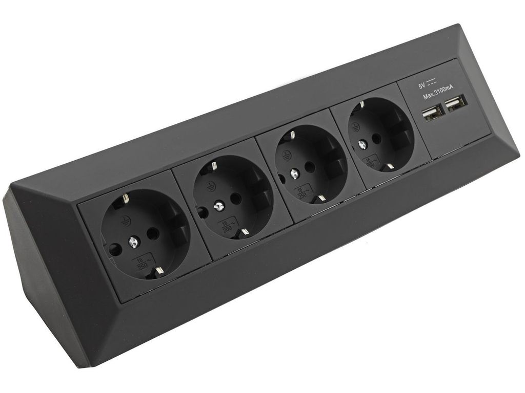 4-fach Steckdosenblock + 2x USB, schwarz, Aufbaumontage Produktbild 