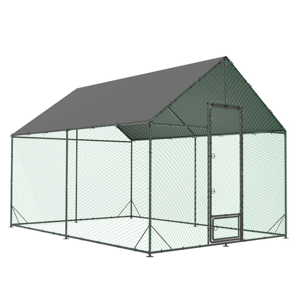A large outdoor pet enclosure with a green mesh and a gray roof, shown against a white background.